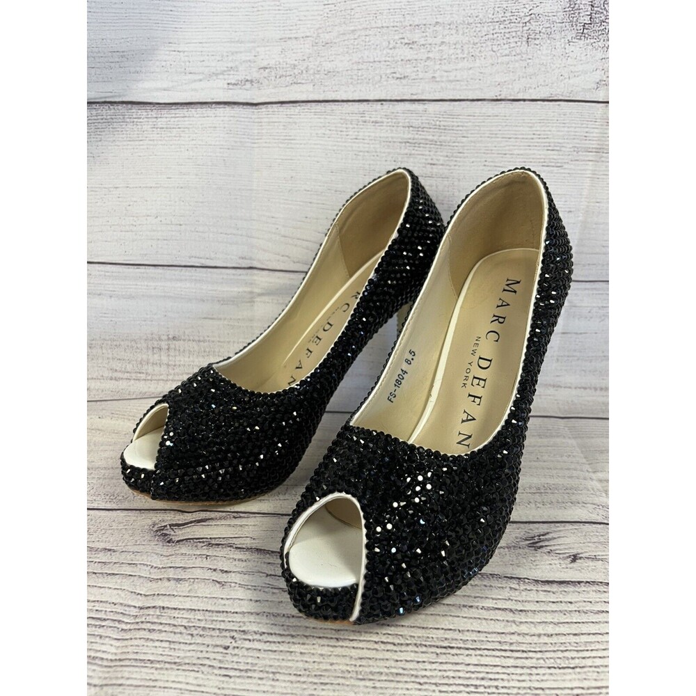 Marc Defang REAGAN Womens Black Crystal Ultra High Heels Size 8.5 Peep Toe NWOT